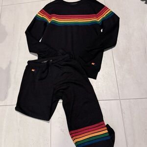 Aviator Nation Retro Crew 6 Stripe Rainbow Stitch Sweatsuit Set Black